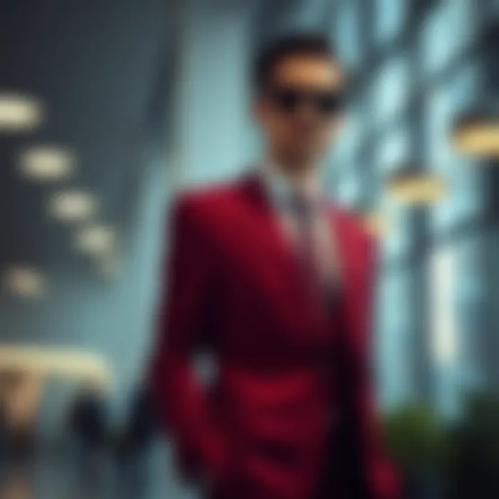 Vibrant burgundy suit in a modern setting