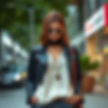 A fashionable ensemble featuring a stylish jacket paired with accessories