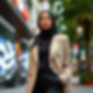 Chic Modest Blazer in Urban Setting Stylish model showcasing a chic modest blazer in an urban setting