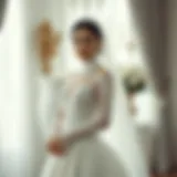 Elegant design of a modest wedding gown with intricate lace details