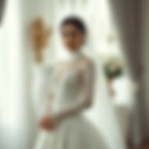 Elegant design of a modest wedding gown with intricate lace details