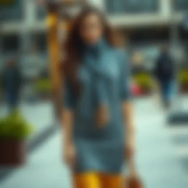 A modern look featuring a layered knitted dress and complementary accessories.