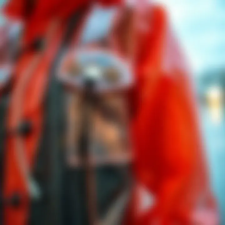 A close-up view of a transparent raincoat featuring unique design elements