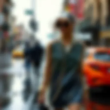 A fashionable individual wearing a transparent raincoat while walking in the rain