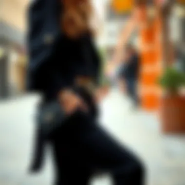 Trendy accessories complementing black knit trousers