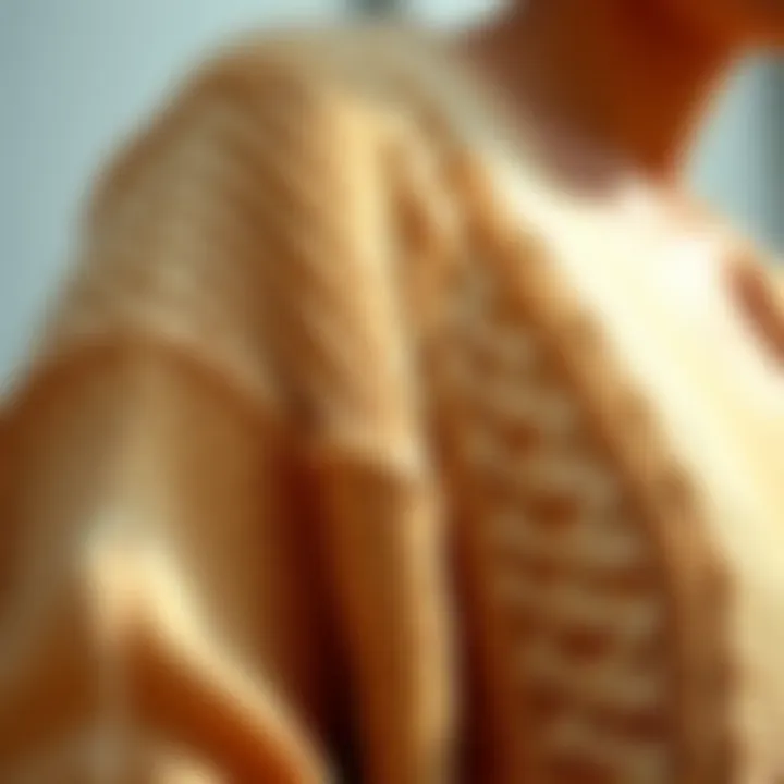 A close-up of intricate knit patterns on a long cardigan