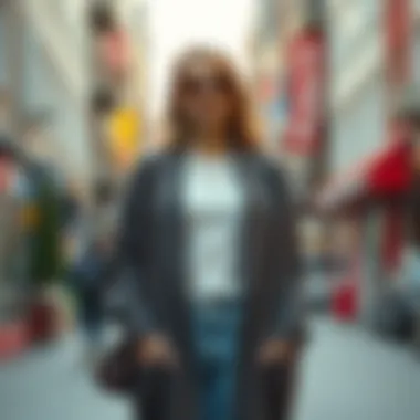 A stylish individual showcasing a long cardigan in a vibrant urban setting