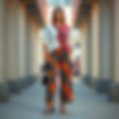 Elegant tunic pants outfit featuring bold patterns and vibrant colors.