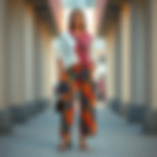 Elegant tunic pants outfit featuring bold patterns and vibrant colors.