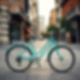 A vibrant turquoise bicycle parked against a stylish urban backdrop