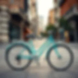 A vibrant turquoise bicycle parked against a stylish urban backdrop