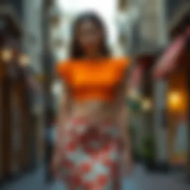 Playful Combination of Orange Crop Top and Floral Skirt Orange crop top paired with a floral skirt