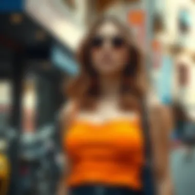 Trendy Street Style with Orange Crop Top Street style featuring an orange crop top and accessories