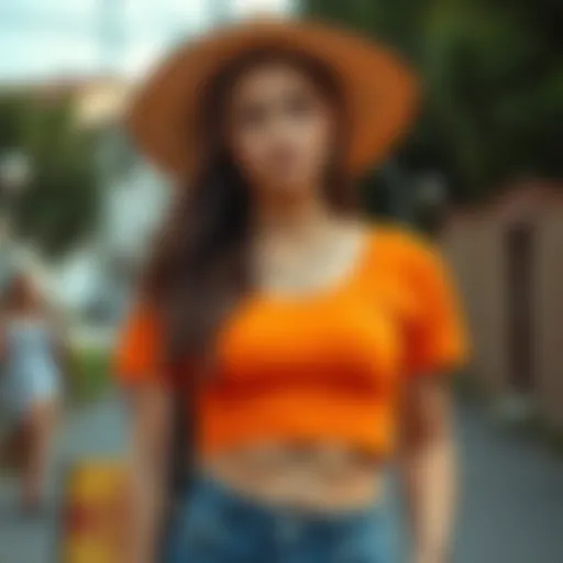 Vibrant orange crop top styled with denim shorts