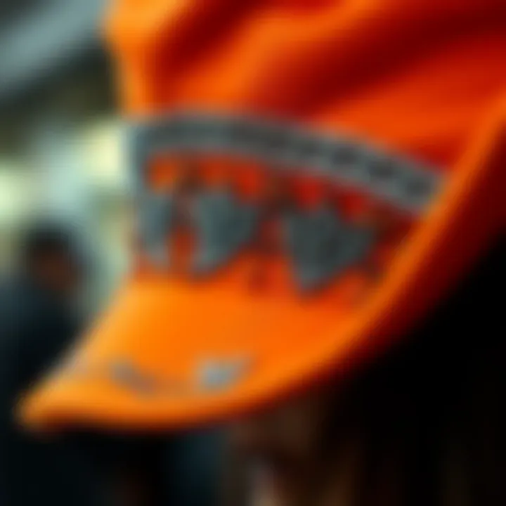 Close-up of a stylish orange hat showcasing intricate details