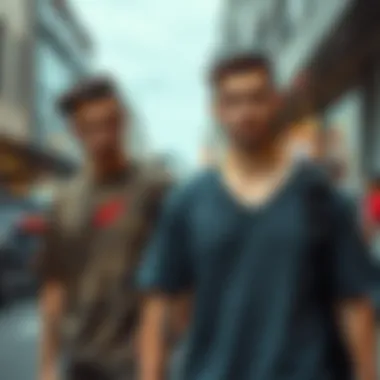 Modern Trendsetters Fashion-forward models wearing V-neck t-shirts in urban settings