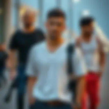 Trendy outfit combinations featuring V-neck t-shirts in various styles