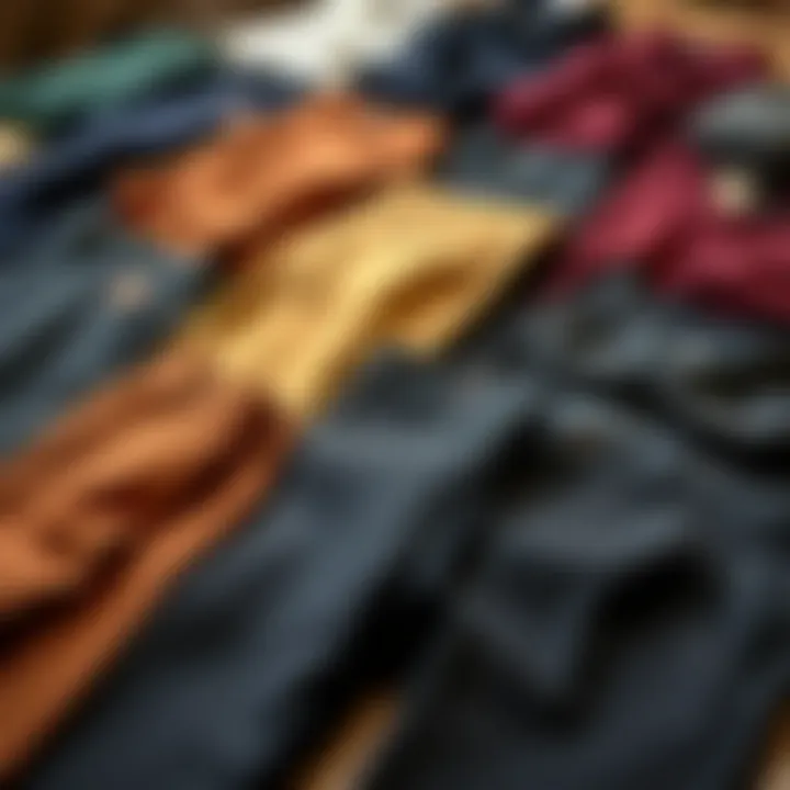 Various styles of tailored trousers laid out