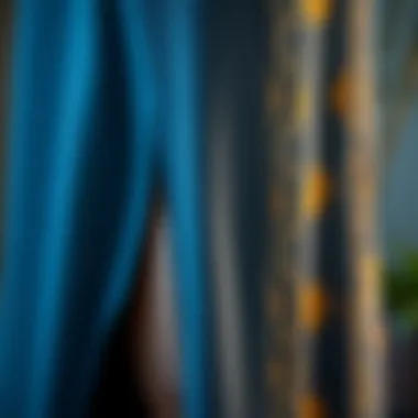 Close-up of fabric details and patterns on a long slit dress, highlighting its design