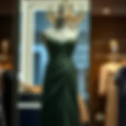 Elegant evening dress displayed on a mannequin in a boutique setting